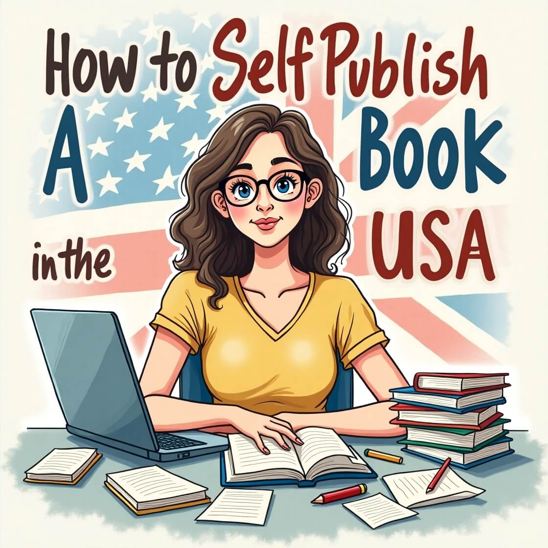 Illustration of a woman writing a book on a laptop